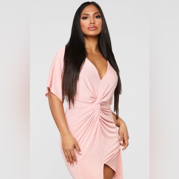 NWT Fashion Nova Sz Medium Pink V-Neck Dolman Sleeve Front Split Ruched Dress - Picture 2 of 12